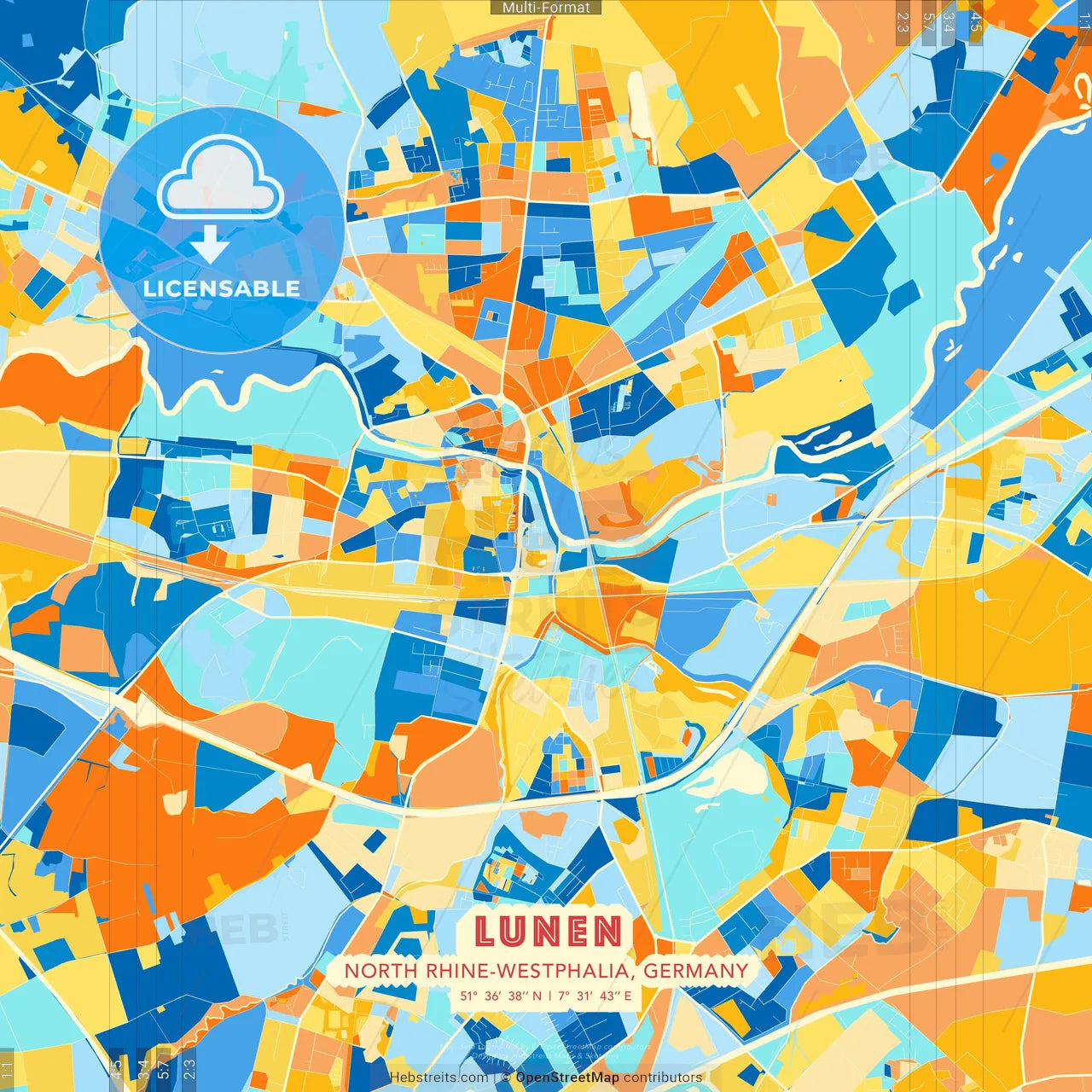 Lunen, North Rhine-Westphalia, Germany blue and orange vector art map template