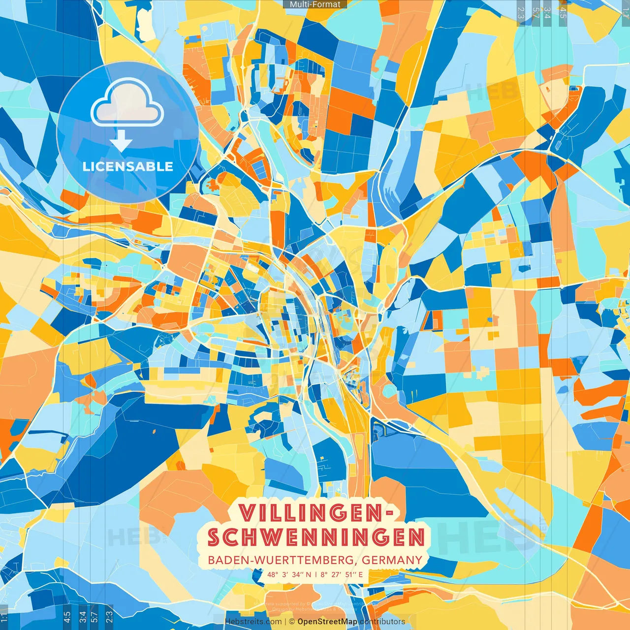 Villingen-Schwenningen, Baden-Wuerttemberg, Germany blue and orange vector art map template