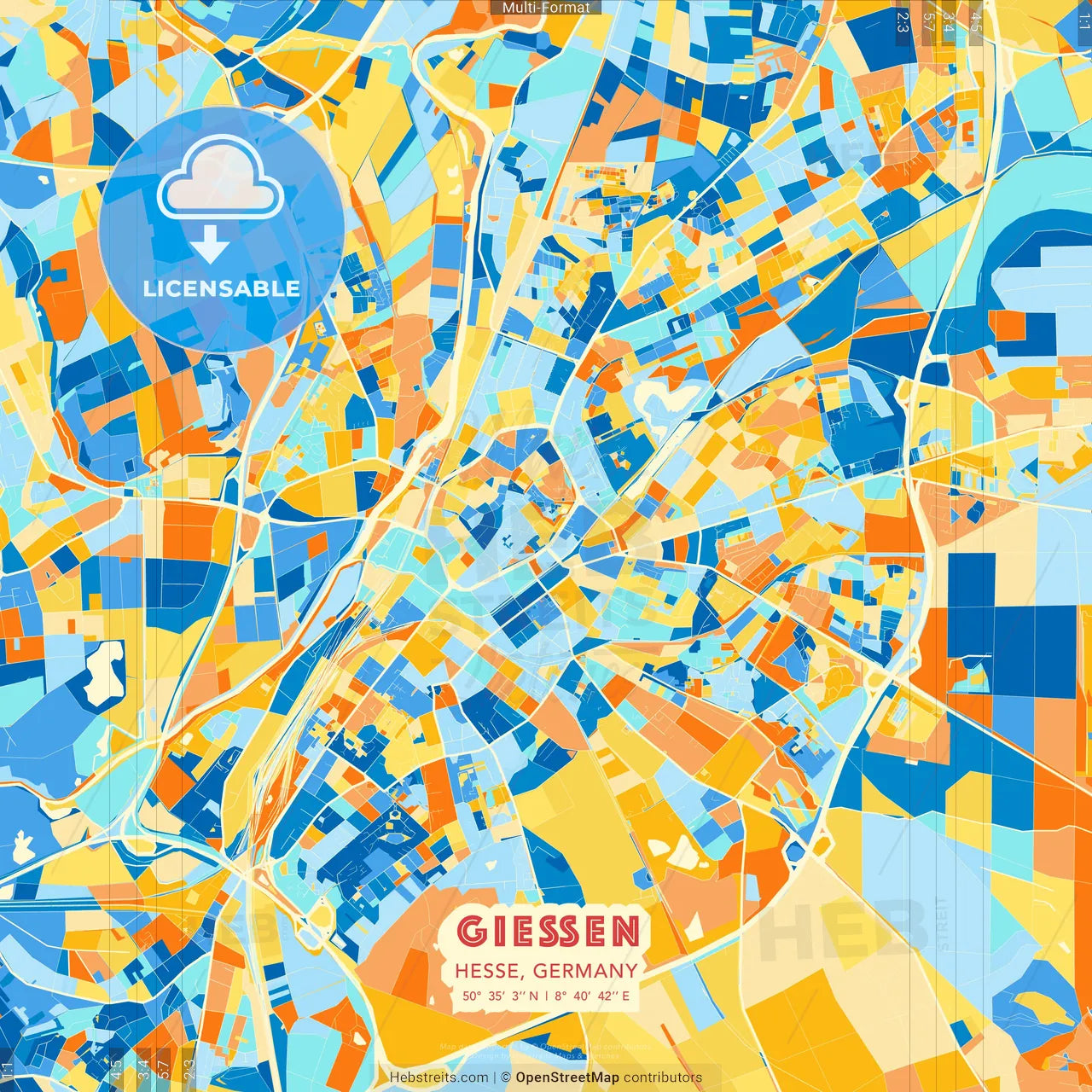 Gießen, Hesse, Germany blue and orange vector art map template