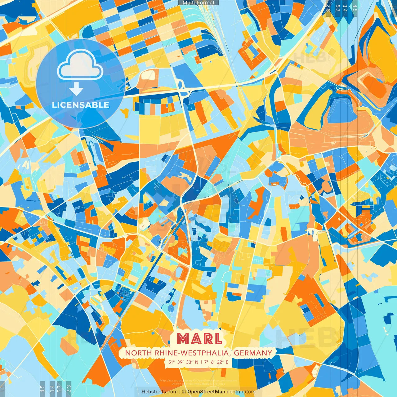 Marl, North Rhine-Westphalia, Germany blue and orange vector art map template