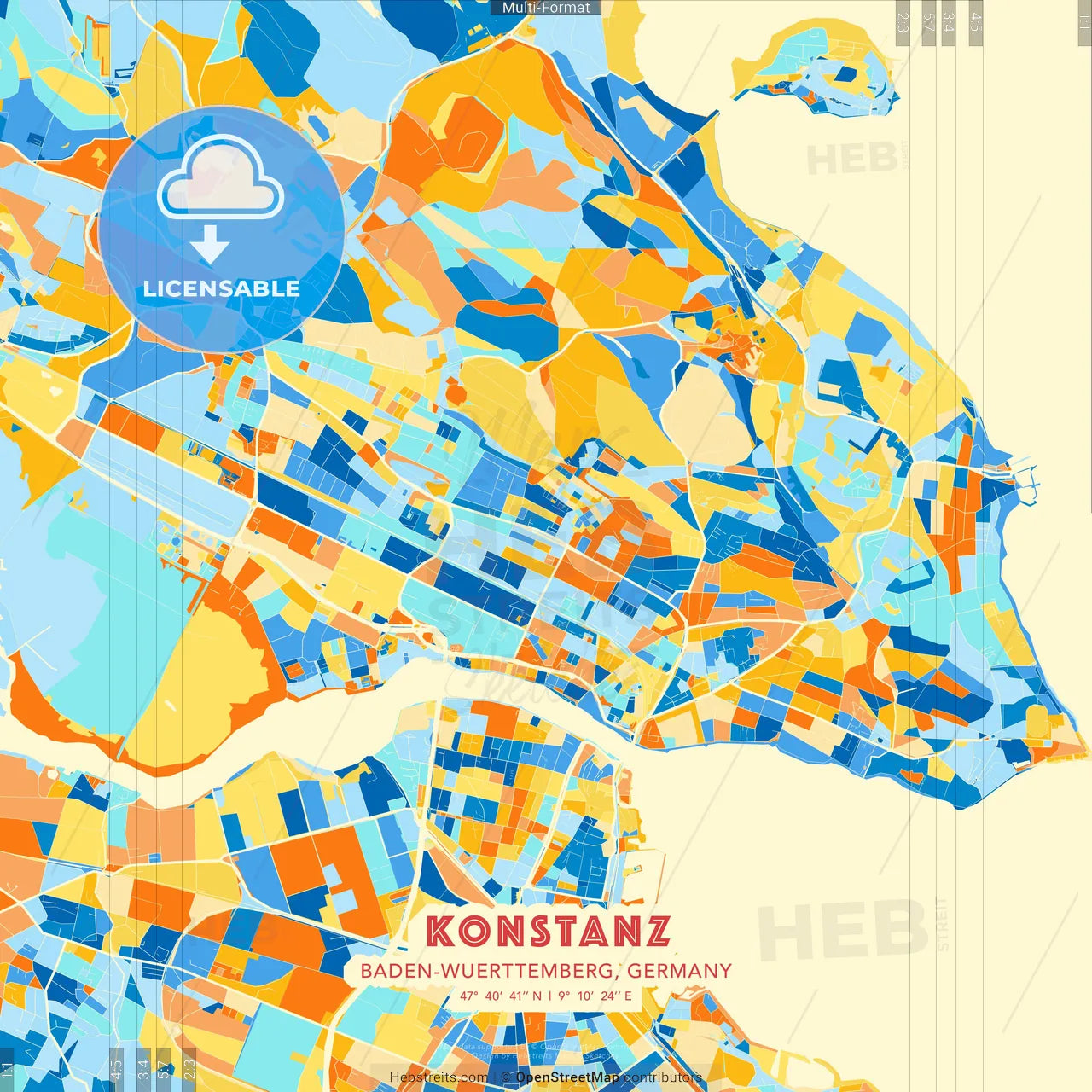Konstanz, Baden-Wuerttemberg, Germany blue and orange vector art map template