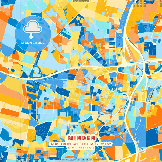 Minden, North Rhine-Westphalia, Germany blue and orange vector art map template