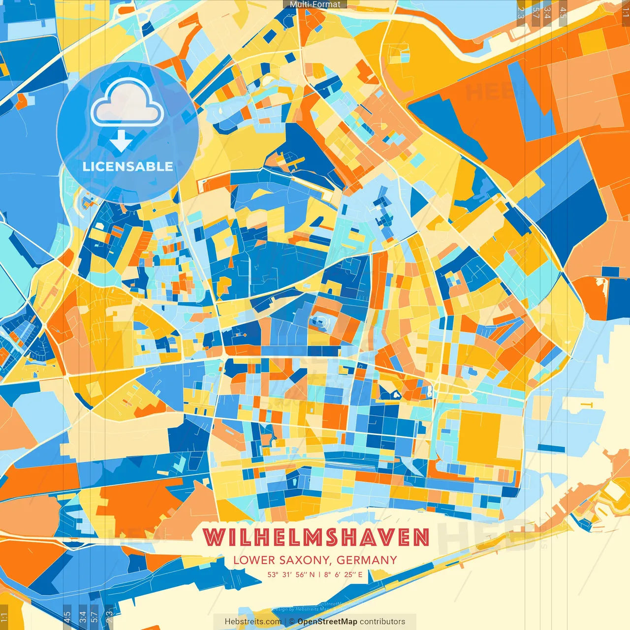 Wilhelmshaven, Lower Saxony, Germany blue and orange vector art map template