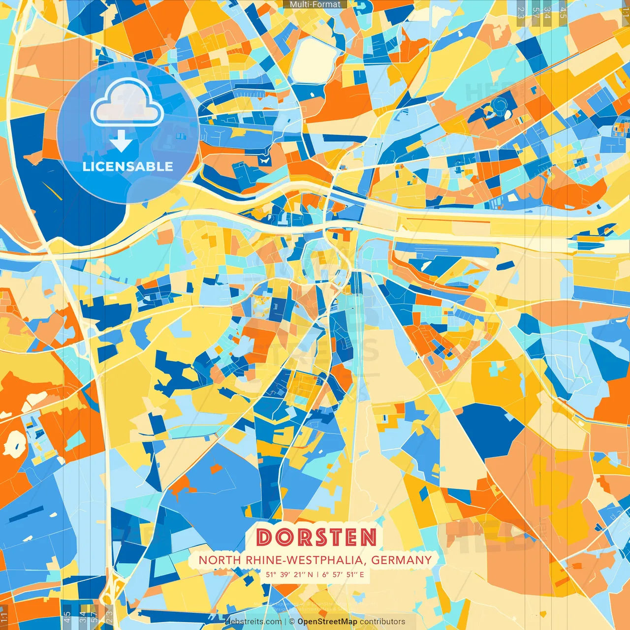 Dorsten, North Rhine-Westphalia, Germany blue and orange vector art map template