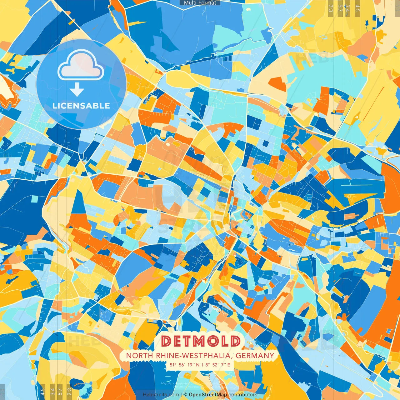 Detmold, North Rhine-Westphalia, Germany blue and orange vector art map template