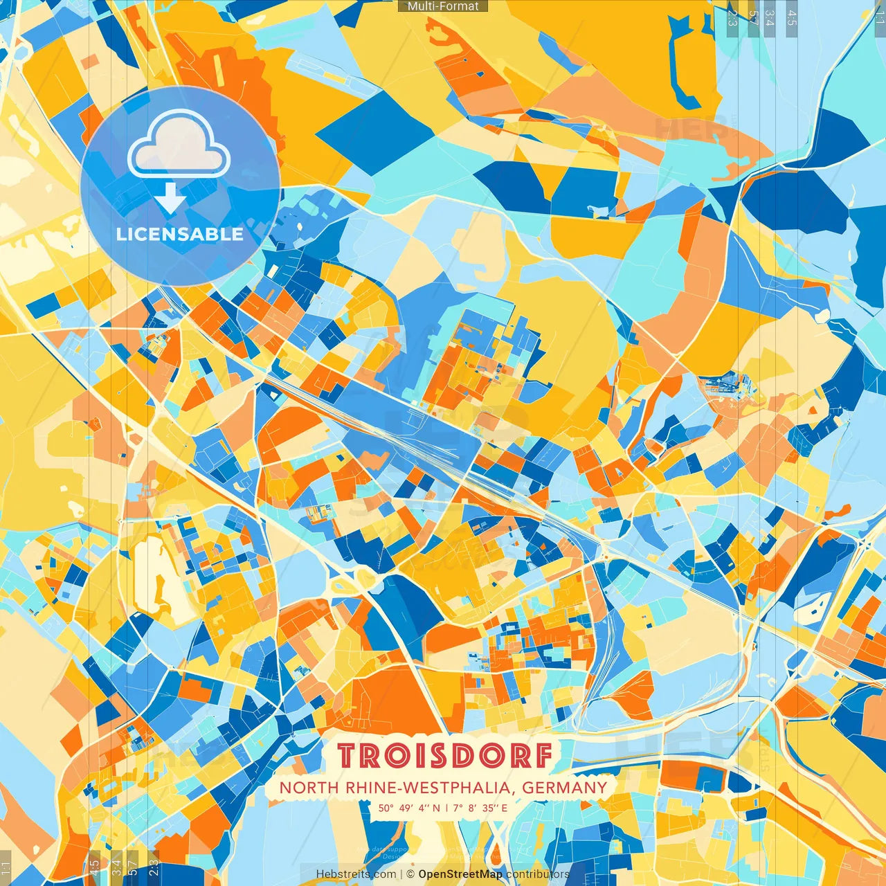 Troisdorf, North Rhine-Westphalia, Germany blue and orange vector art map template