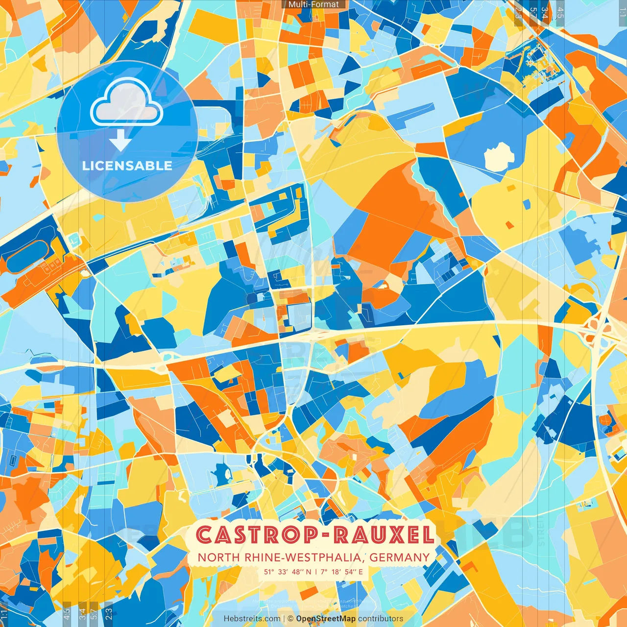 Castrop-Rauxel, North Rhine-Westphalia, Germany blue and orange vector art map template