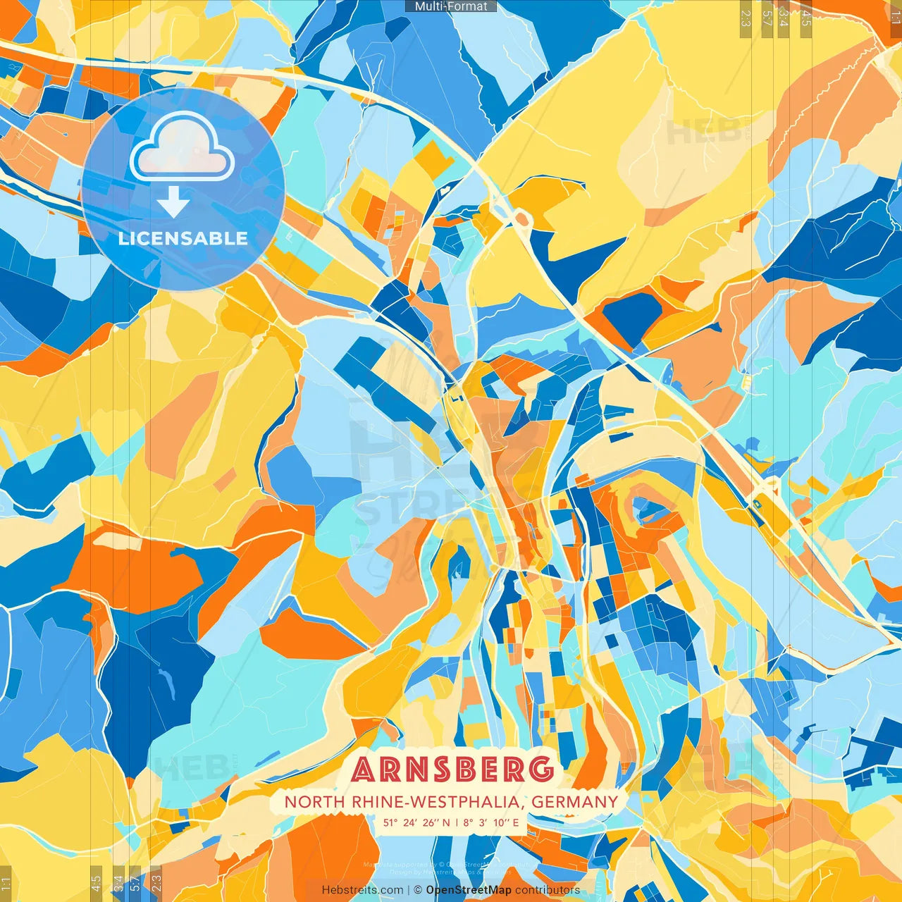 Arnsberg, North Rhine-Westphalia, Germany blue and orange vector art map template