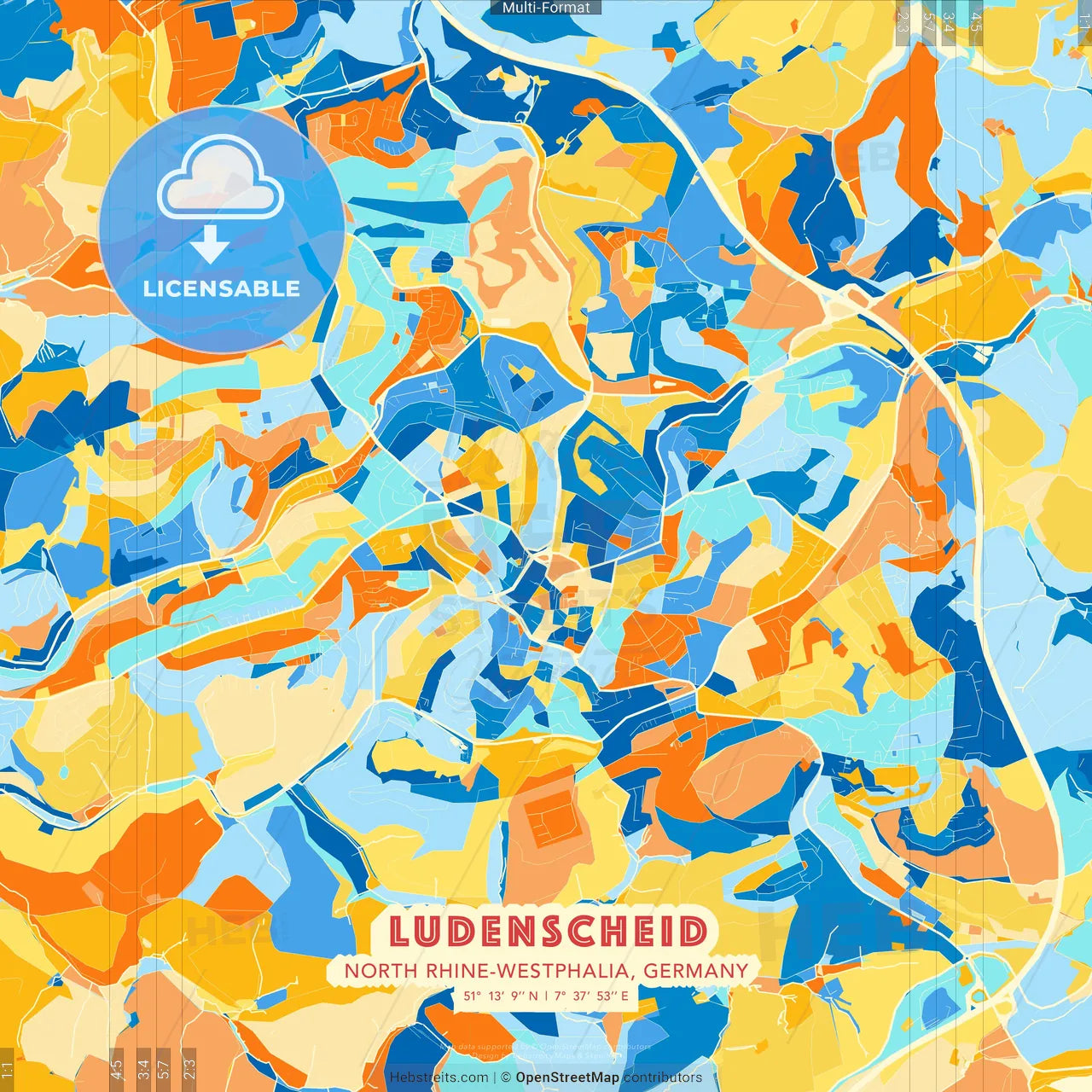 Ludenscheid, North Rhine-Westphalia, Germany blue and orange vector art map template