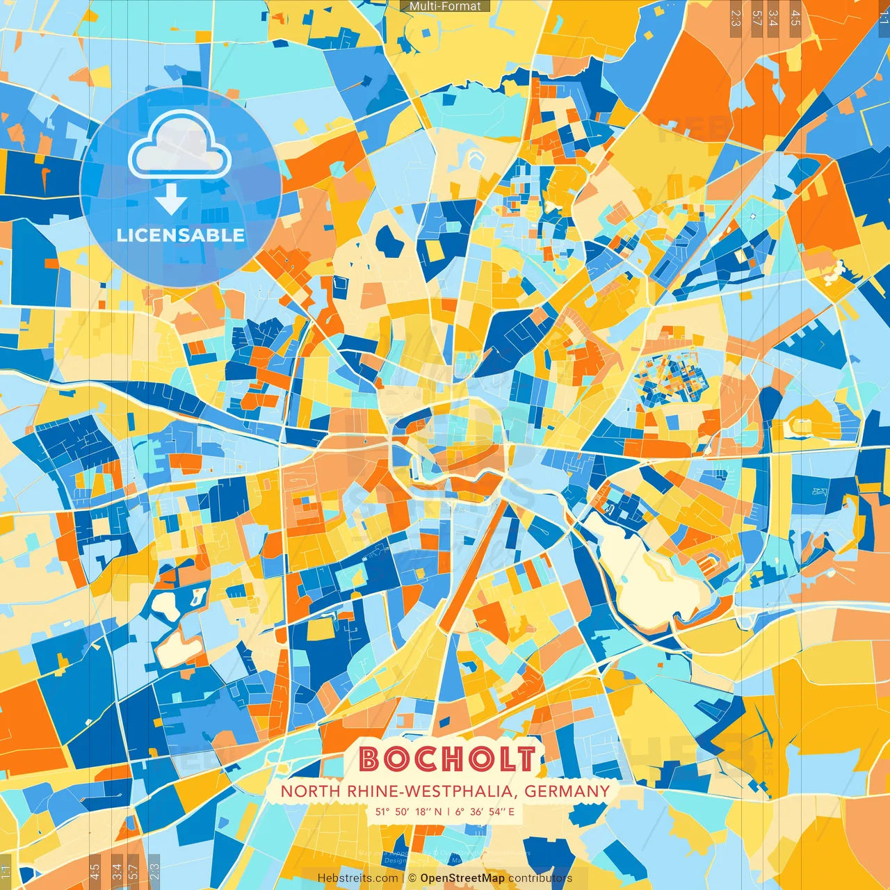 Bocholt, North Rhine-Westphalia, Germany blue and orange vector art map template