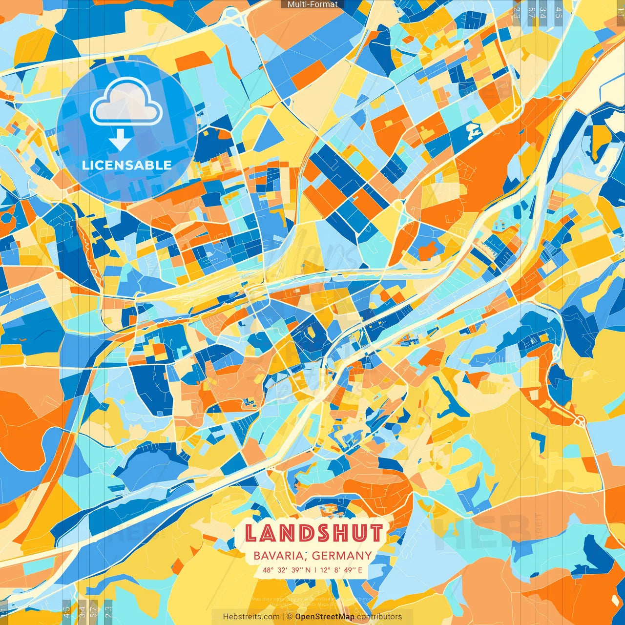 Landshut, Bavaria, Germany blue and orange vector art map template