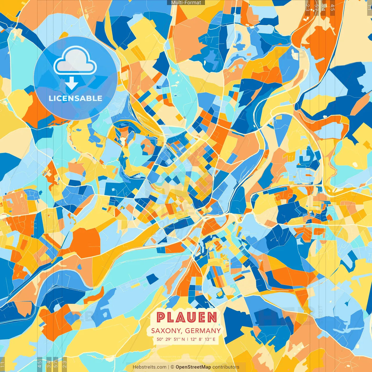 Plauen, Saxony, Germany blue and orange vector art map template