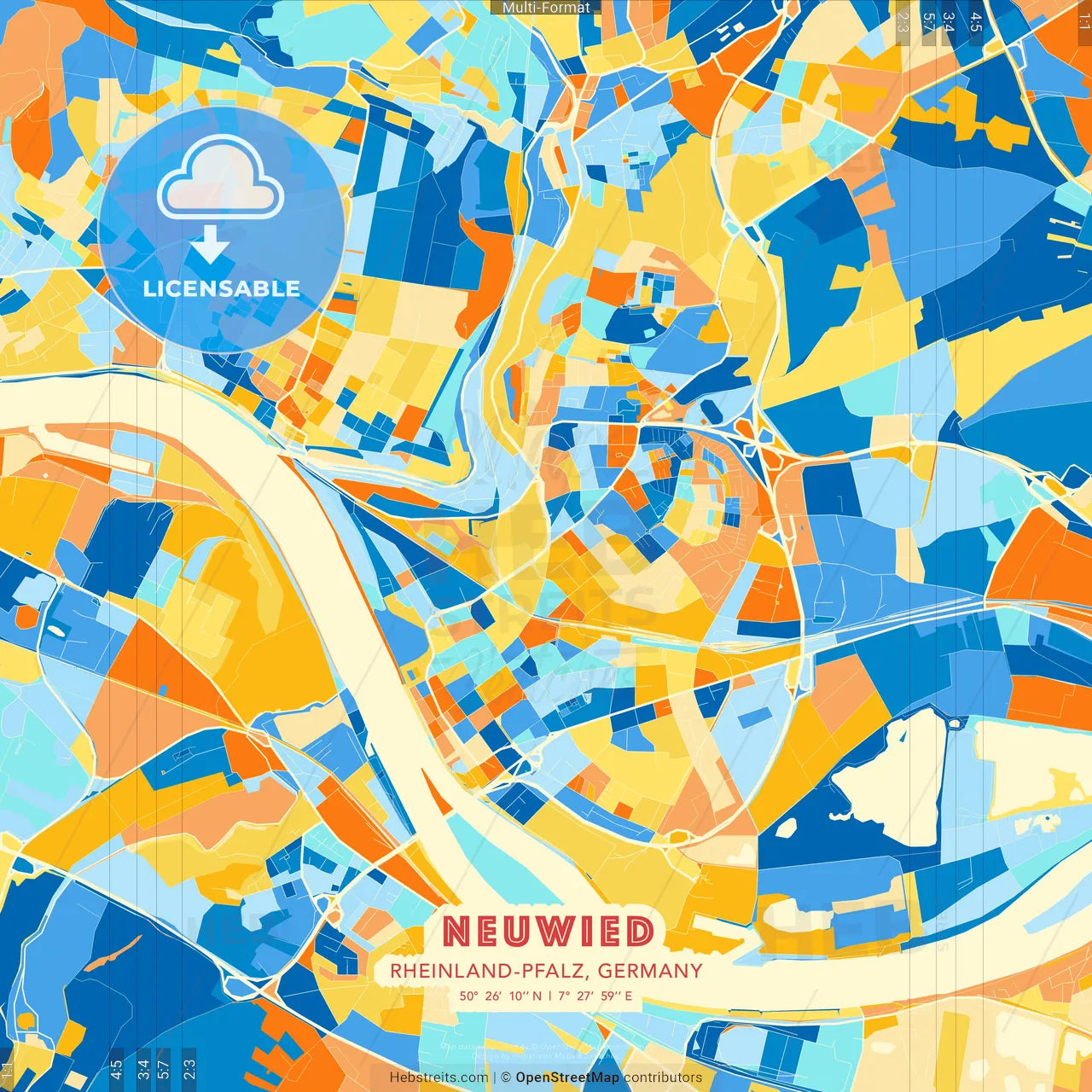 Neuwied, Rheinland-Pfalz, Germany blue and orange vector art map template