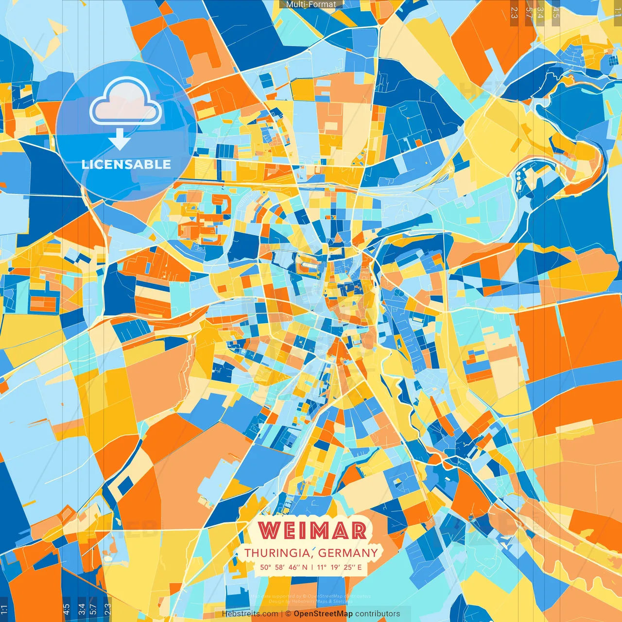 Weimar, Thuringia, Germany blue and orange vector art map template