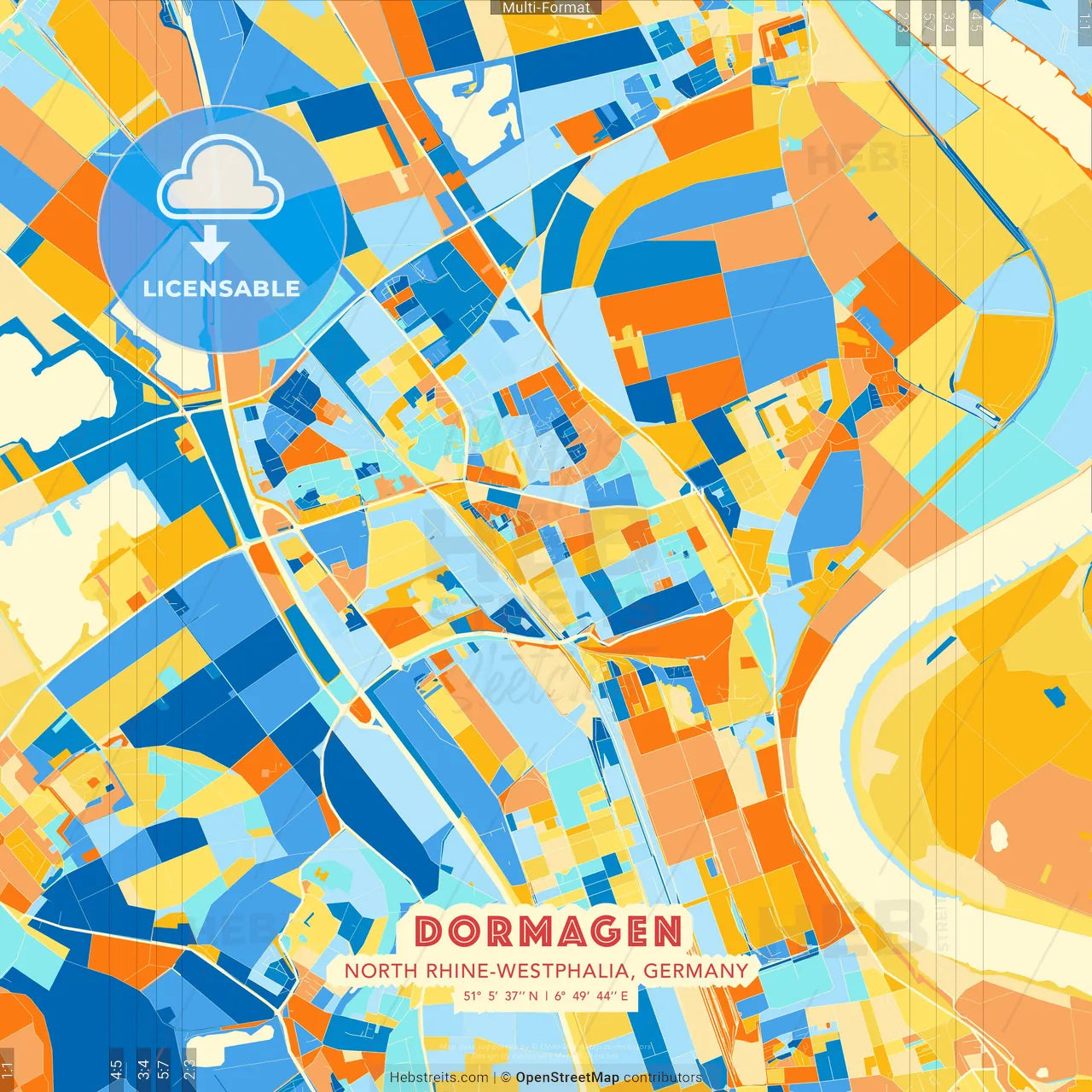 Dormagen, North Rhine-Westphalia, Germany blue and orange vector art map template