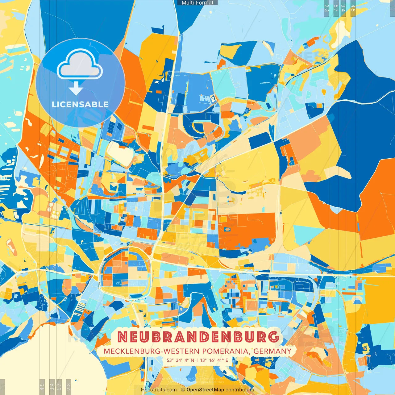 Neubrandenburg, Mecklenburg-Western Pomerania, Germany blue and orange vector art map template