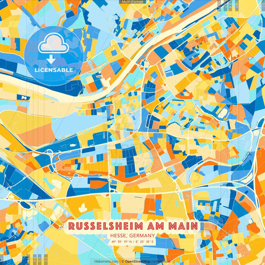 Russelsheim am Main, Hesse, Germany blue and orange vector art map template