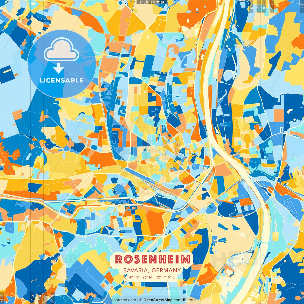 Rosenheim, Bavaria, Germany blue and orange vector art map template