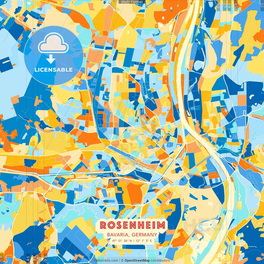 Rosenheim, Bavaria, Germany blue and orange vector art map template