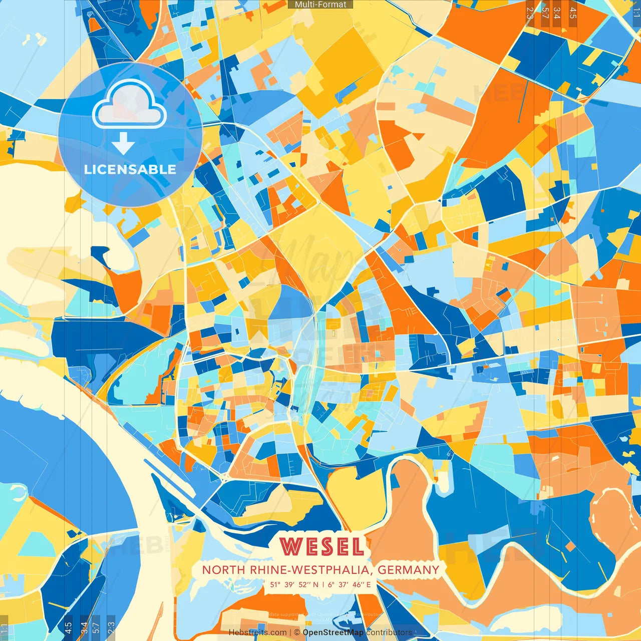 Wesel, North Rhine-Westphalia, Germany blue and orange vector art map template