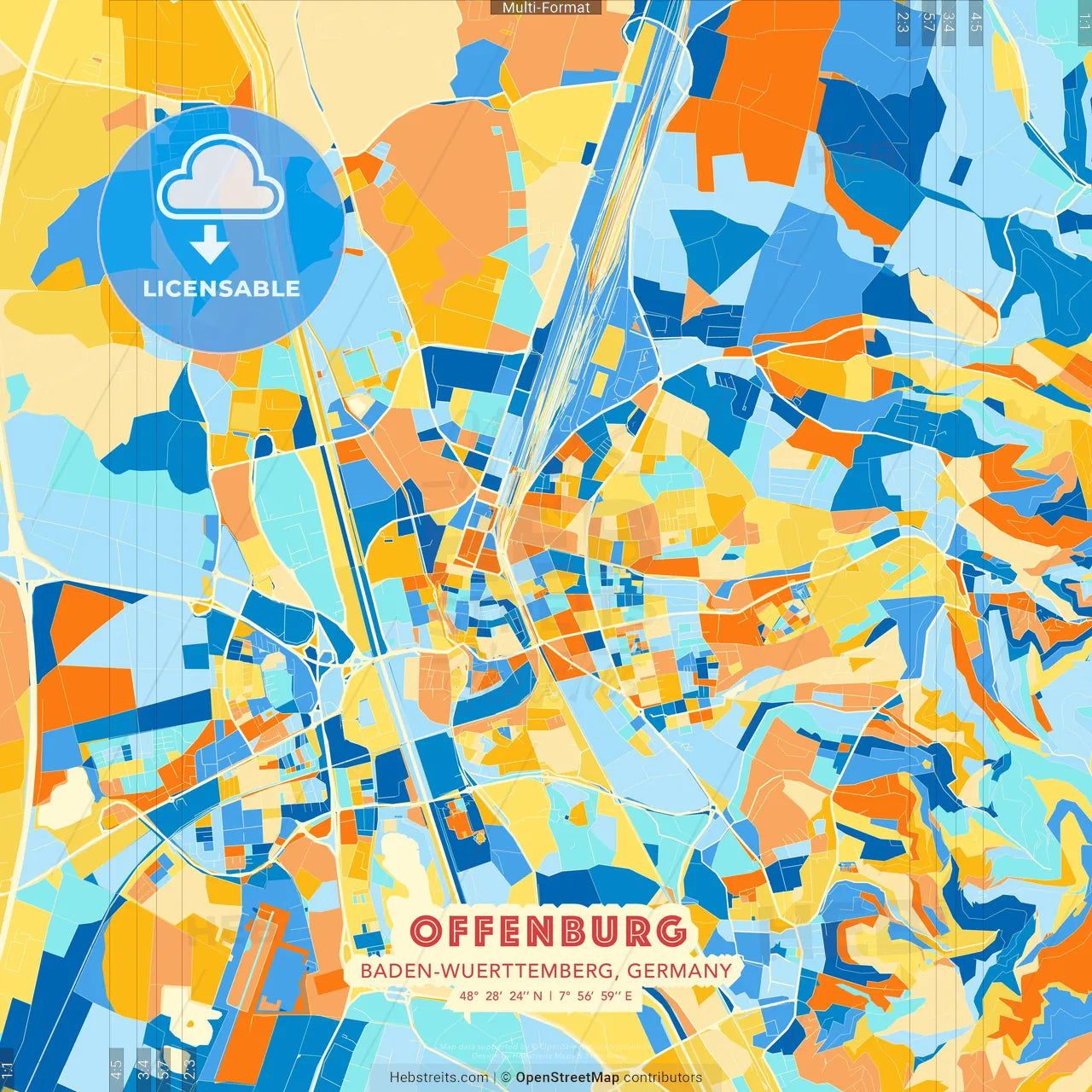 Offenburg, Baden-Wuerttemberg, Germany blue and orange vector art map template