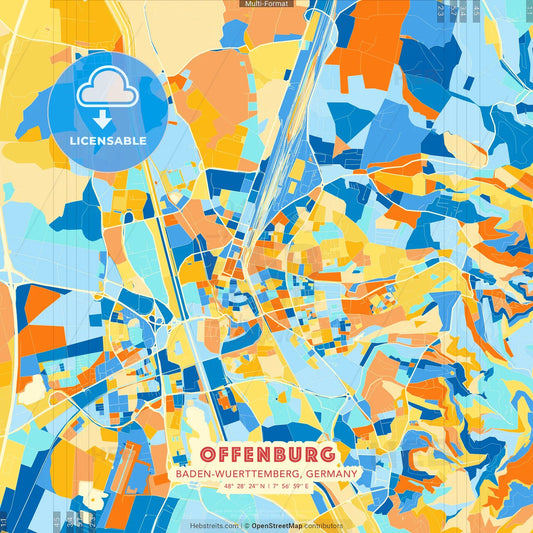 Offenburg, Baden-Wuerttemberg, Germany blue and orange vector art map template