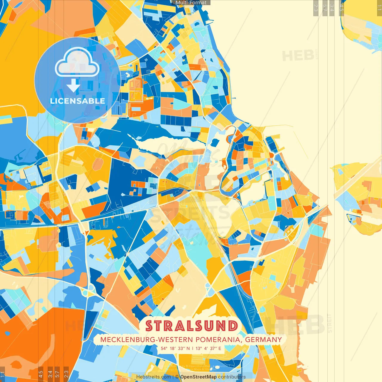 Stralsund, Mecklenburg-Western Pomerania, Germany blue and orange vector art map template