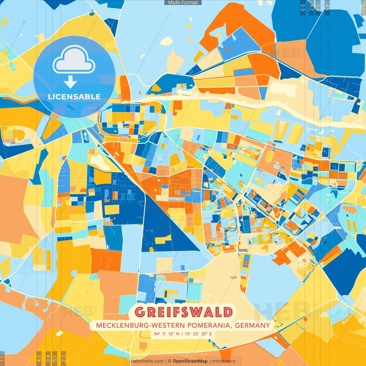 Greifswald, Mecklenburg-Western Pomerania, Germany blue and orange vector art map template