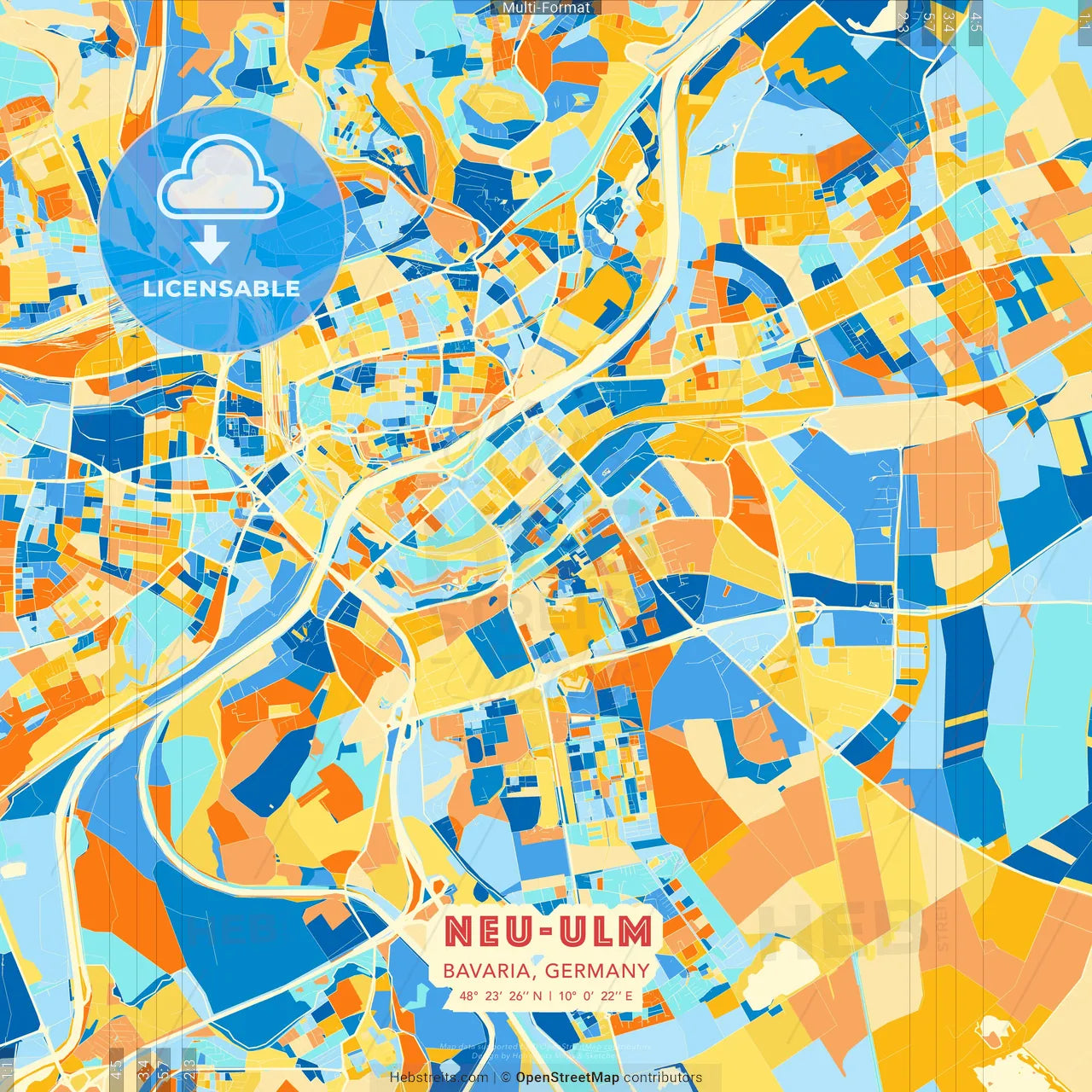 Neu-Ulm, Bavaria, Germany blue and orange vector art map template