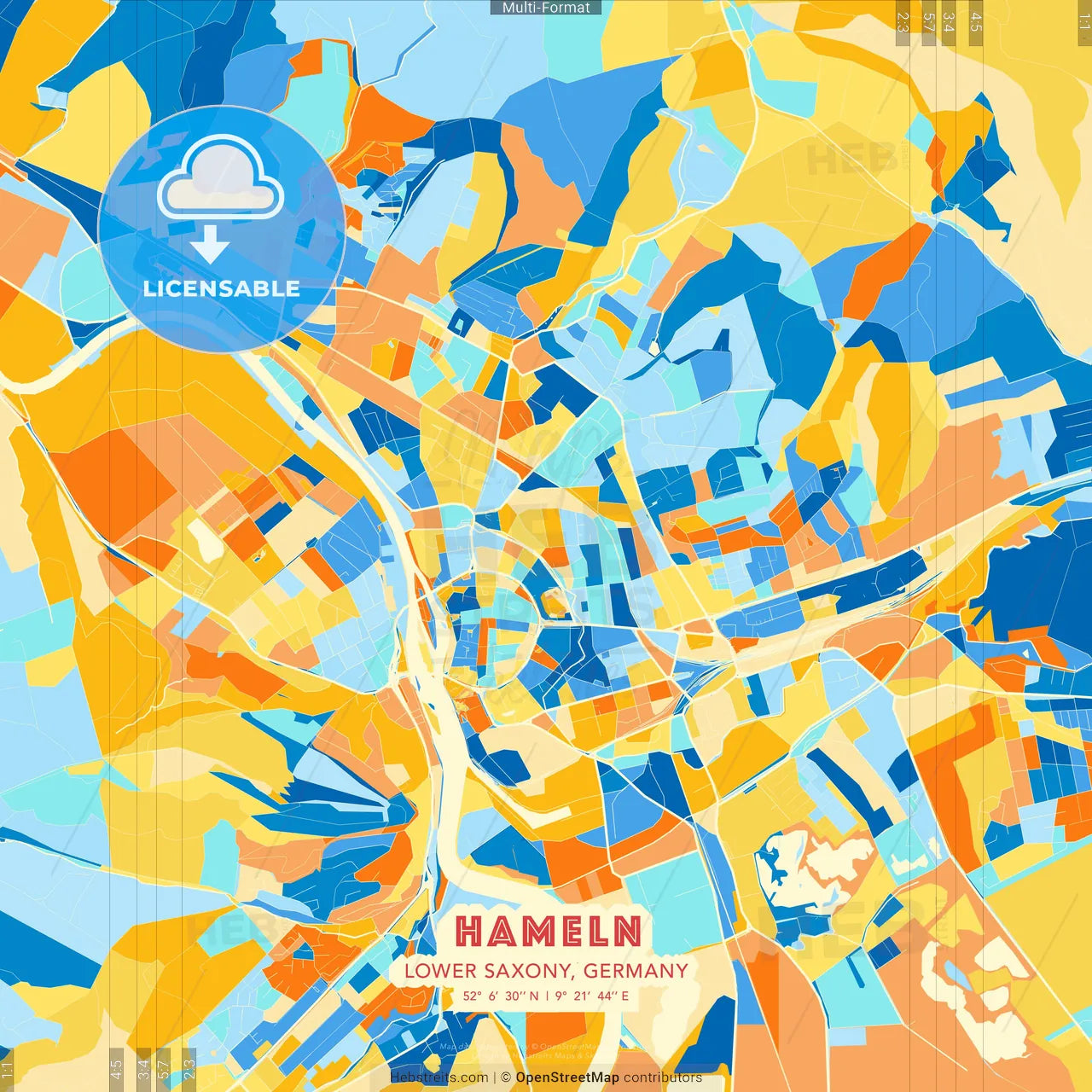 Hameln, Lower Saxony, Germany blue and orange vector art map template