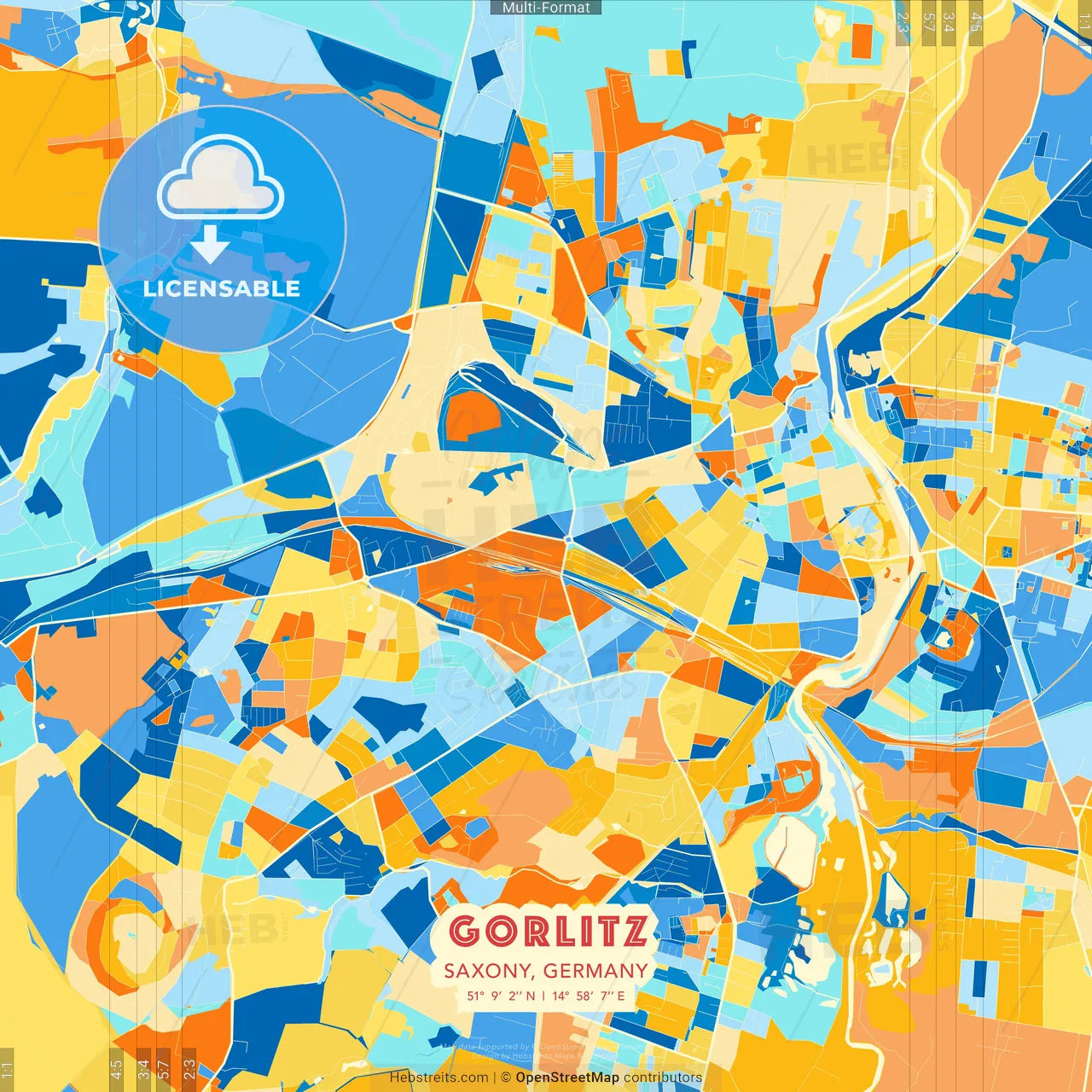 Gorlitz, Saxony, Germany blue and orange vector art map template