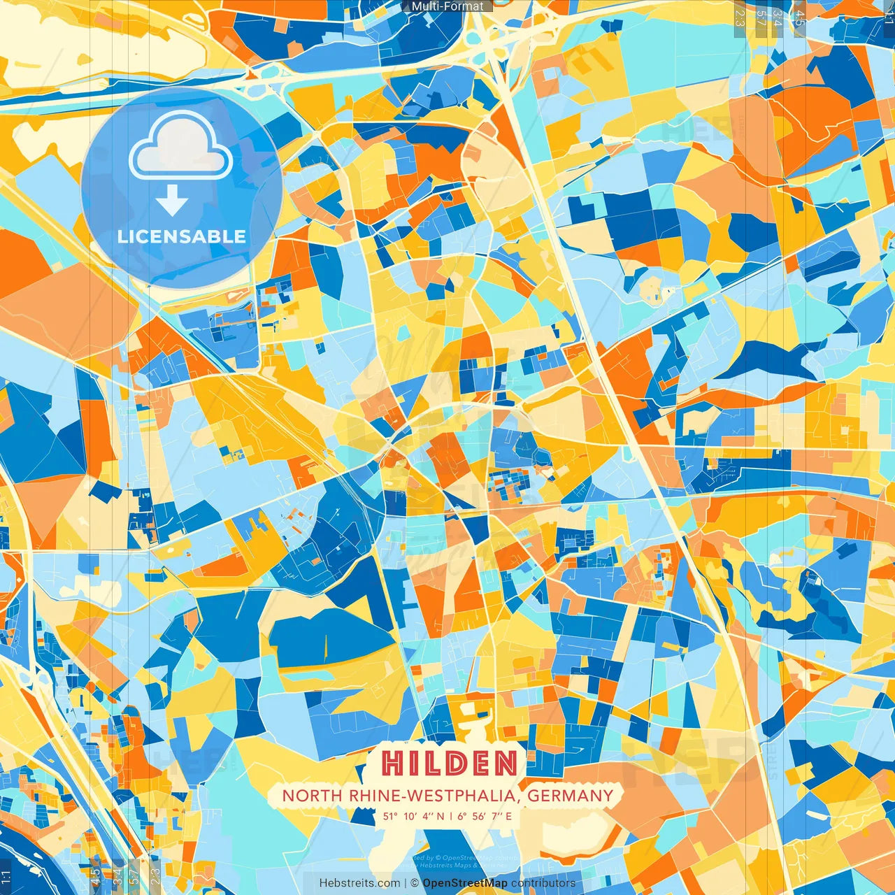 Hilden, North Rhine-Westphalia, Germany blue and orange vector art map template