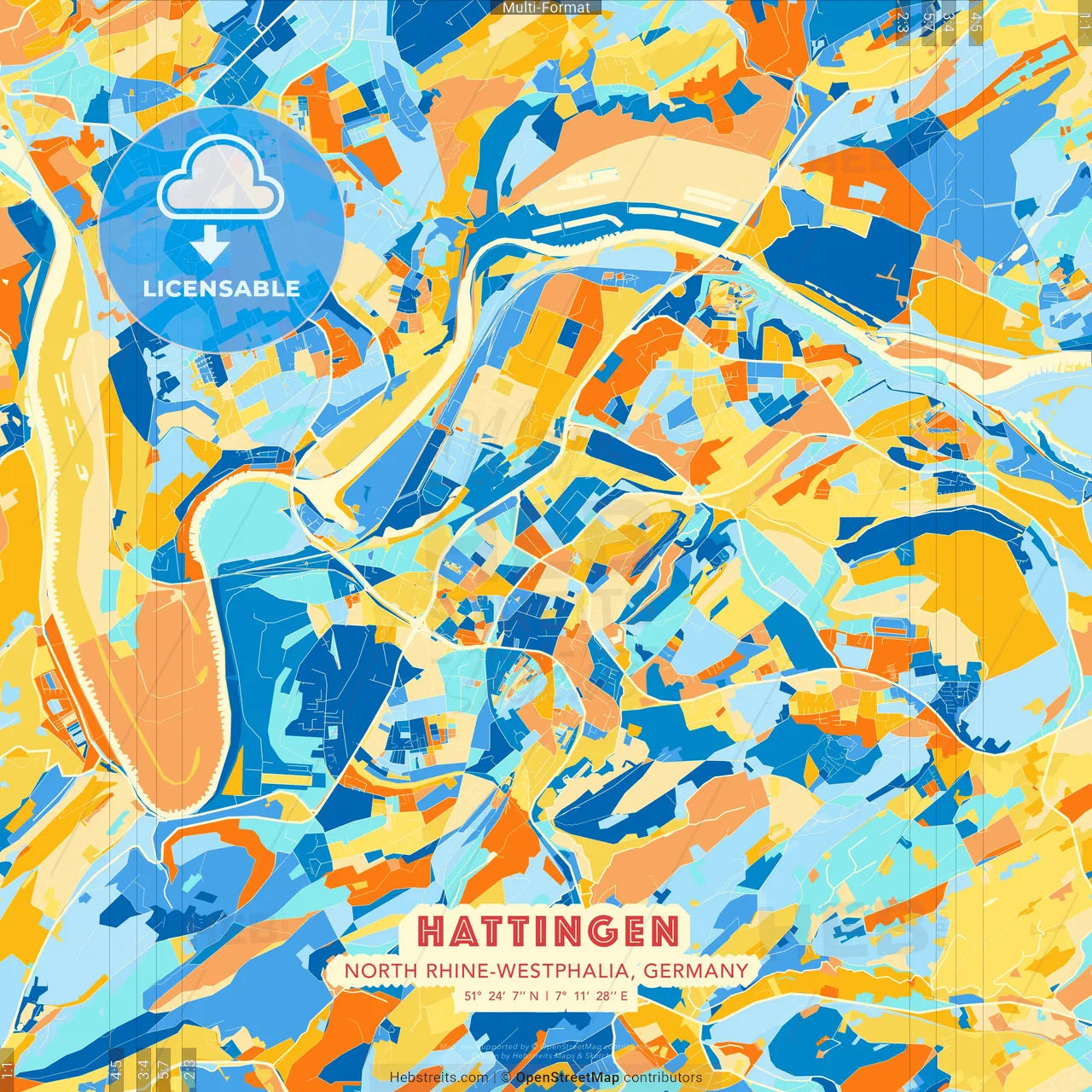 Hattingen, North Rhine-Westphalia, Germany blue and orange vector art map template