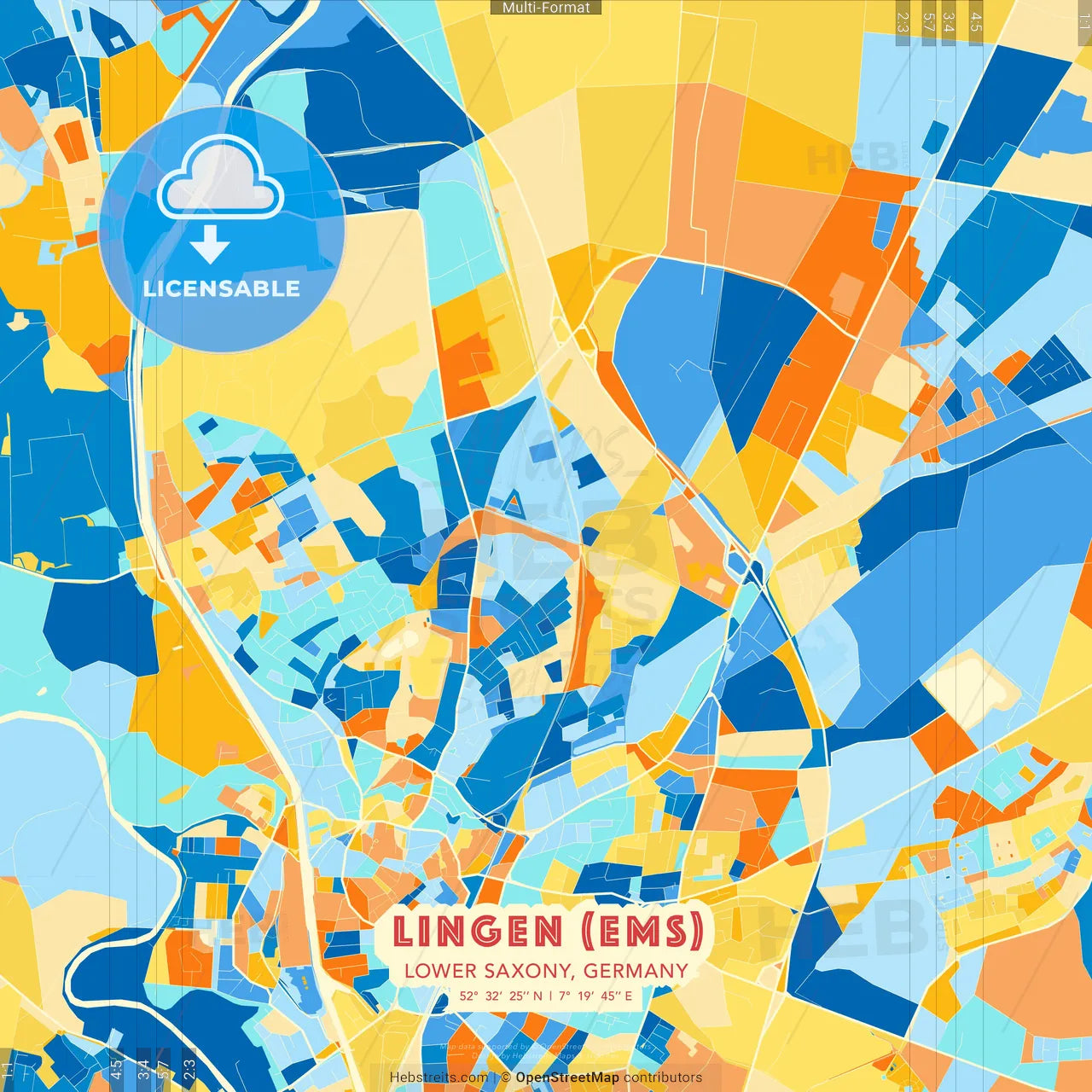 Lingen (Ems), Lower Saxony, Germany blue and orange vector art map template