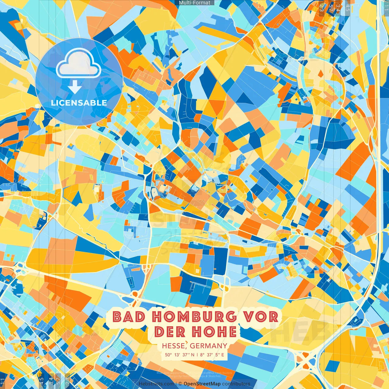 Bad Homburg vor der Hohe, Hesse, Germany blue and orange vector art map template