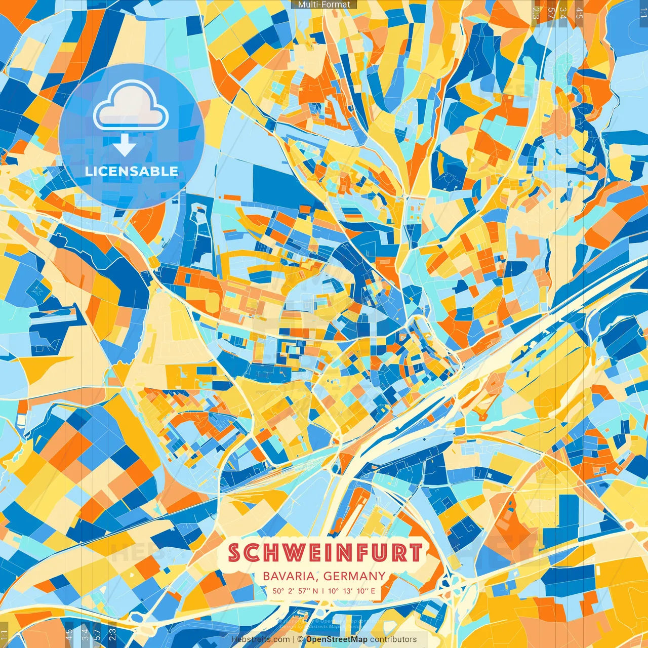 Schweinfurt, Bavaria, Germany blue and orange vector art map template