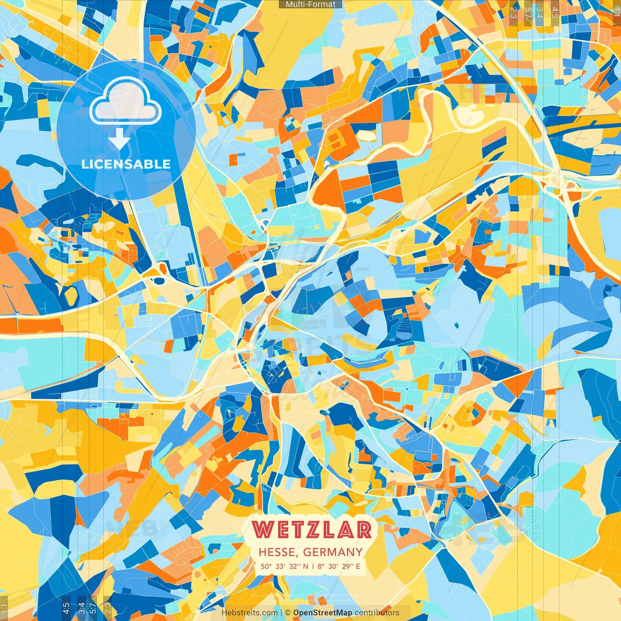 Wetzlar, Hesse, Germany blue and orange vector art map template