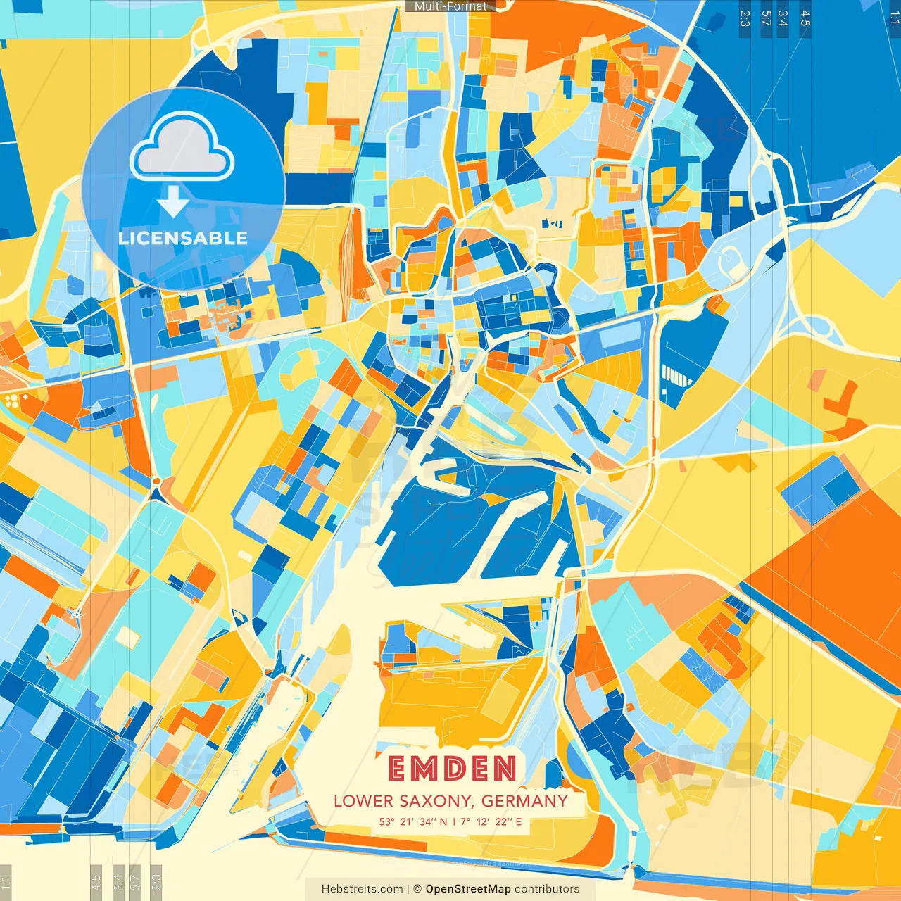Emden, Lower Saxony, Germany blue and orange vector art map template