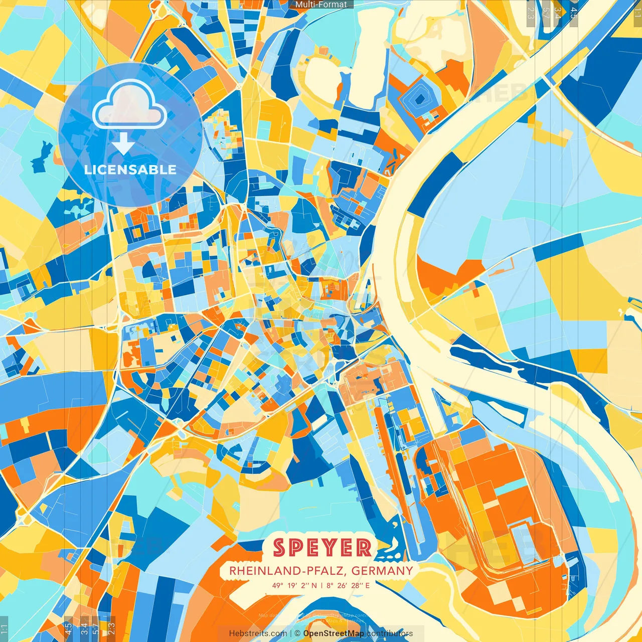 Speyer, Rheinland-Pfalz, Germany blue and orange vector art map template