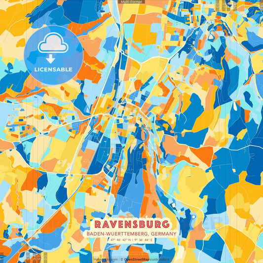 Ravensburg, Baden-Wuerttemberg, Germany blue and orange vector art map template
