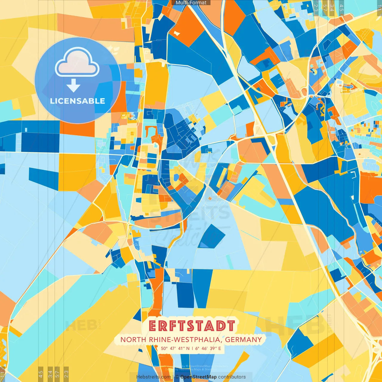Erftstadt, North Rhine-Westphalia, Germany blue and orange vector art map template