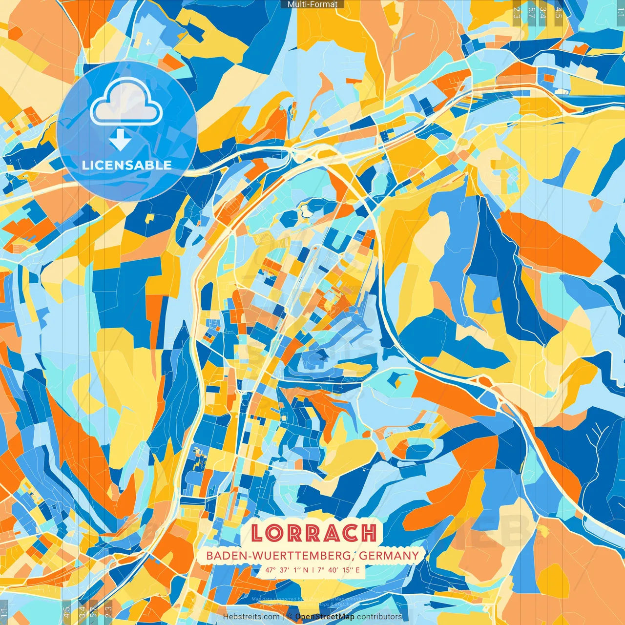 Lorrach, Baden-Wuerttemberg, Germany blue and orange vector art map template