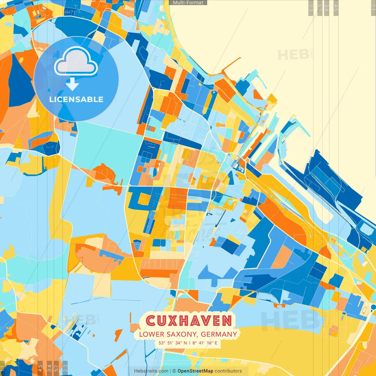 Cuxhaven, Lower Saxony, Germany blue and orange vector art map template