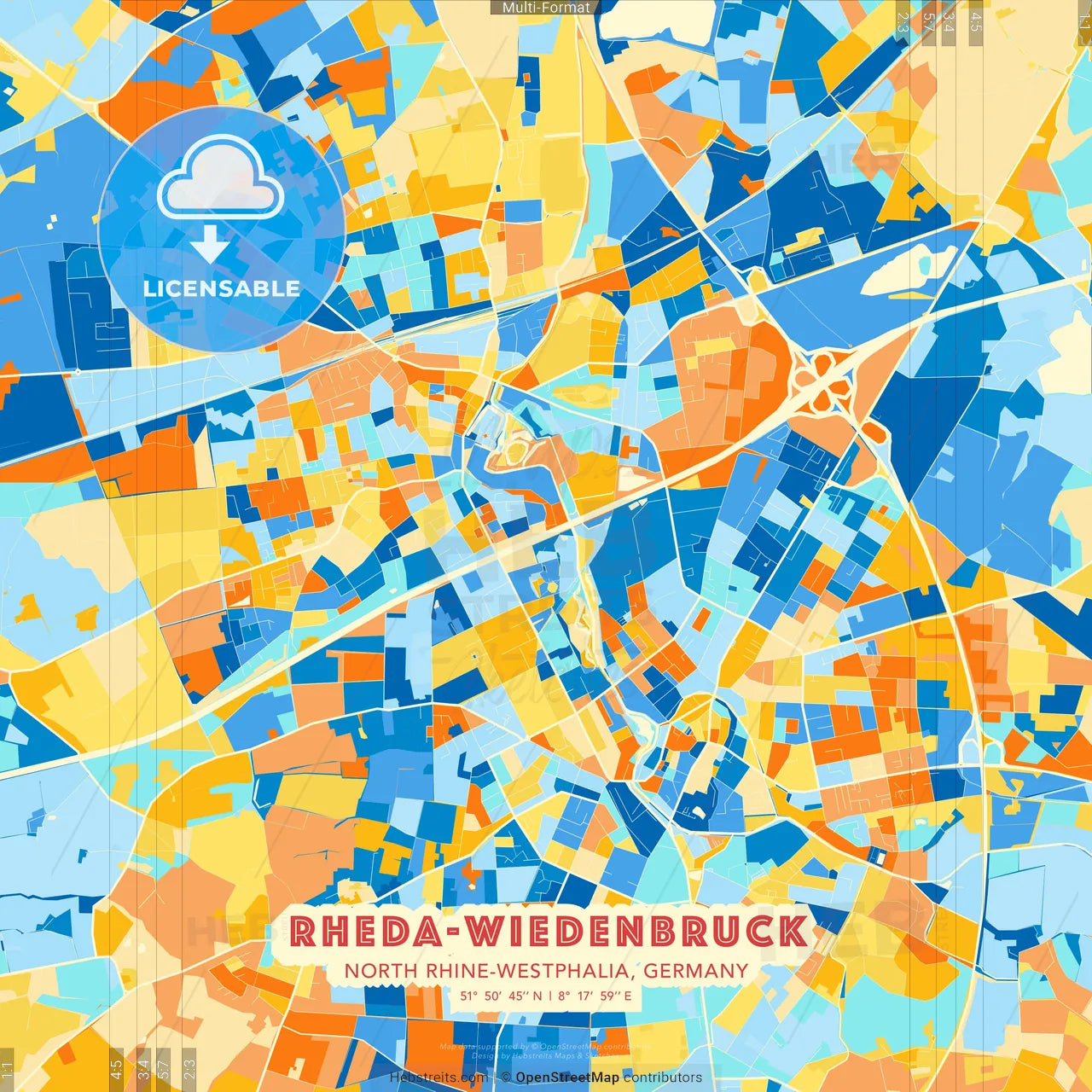 Rheda-Wiedenbruck, North Rhine-Westphalia, Germany blue and orange vector art map template