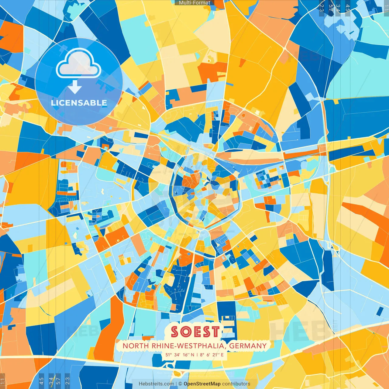 Soest, North Rhine-Westphalia, Germany blue and orange vector art map template