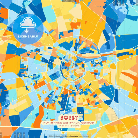 Soest, North Rhine-Westphalia, Germany blue and orange vector art map template
