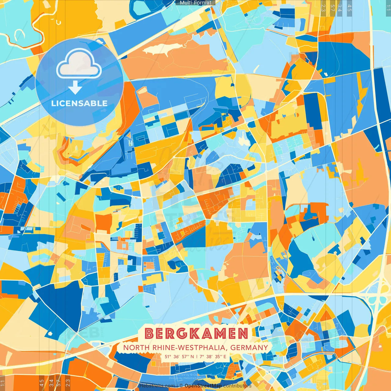 Bergkamen, North Rhine-Westphalia, Germany blue and orange vector art map template