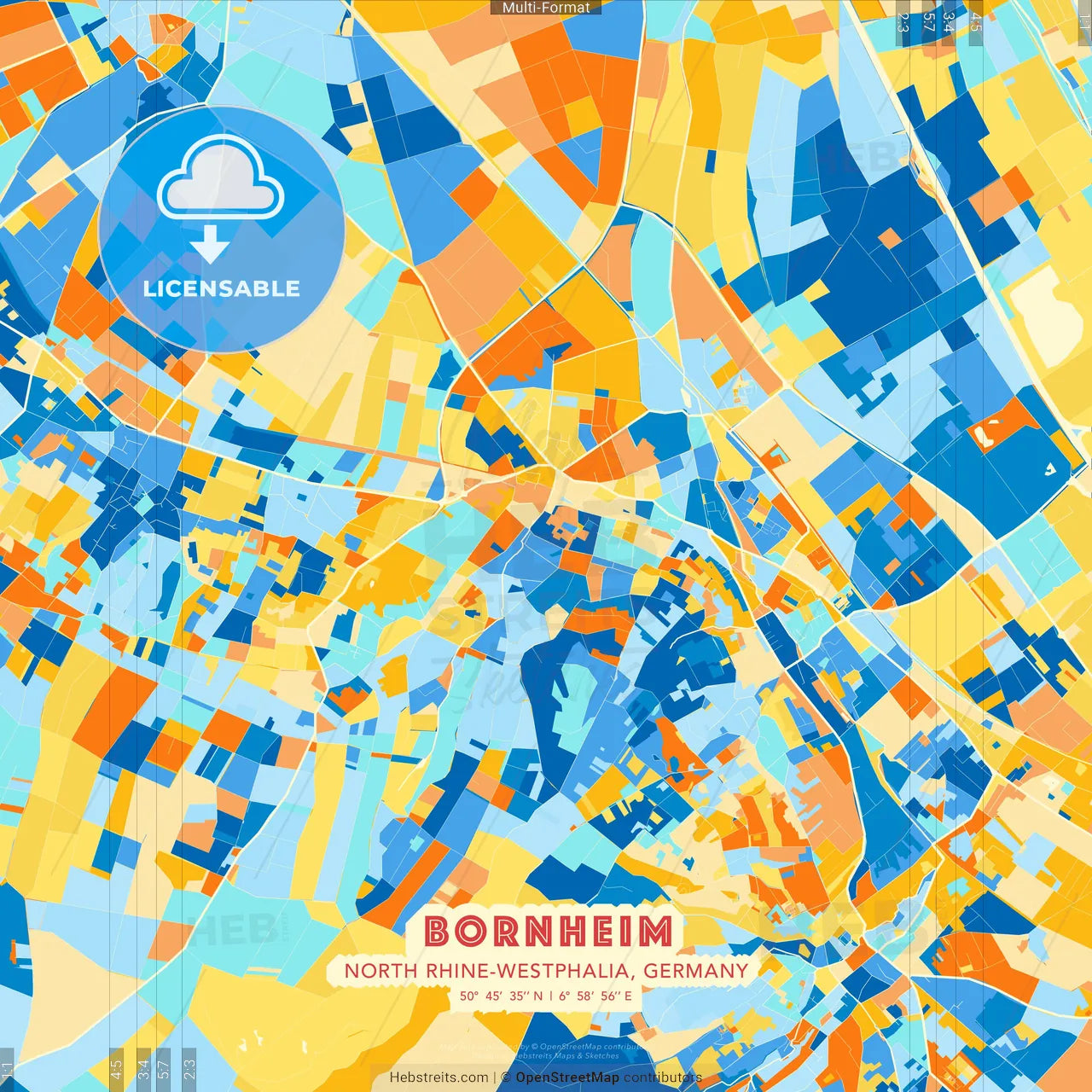 Bornheim, North Rhine-Westphalia, Germany blue and orange vector art map template
