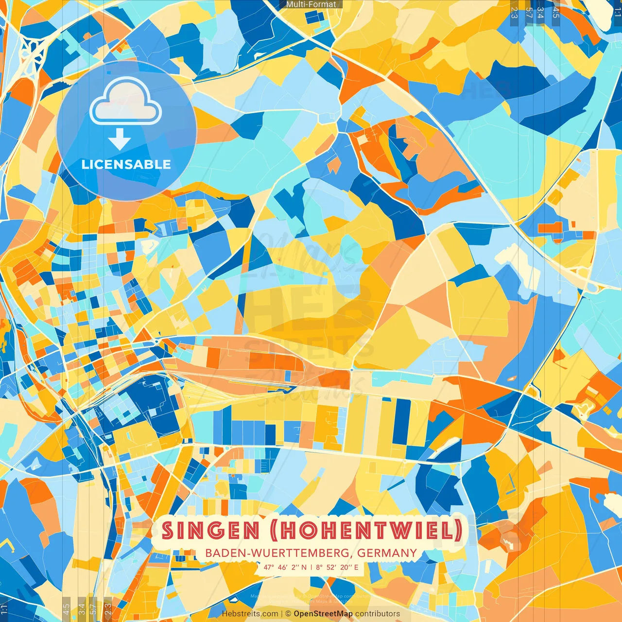 Singen (Hohentwiel), Baden-Wuerttemberg, Germany blue and orange vector art map template