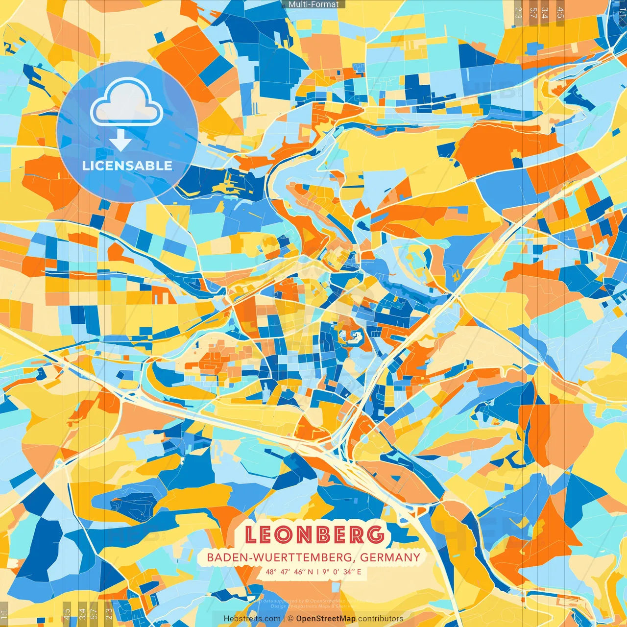 Leonberg, Baden-Wuerttemberg, Germany blue and orange vector art map template